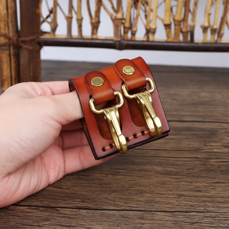 Double Metal Hooks Belt Loop Leather Key Holder - Orange - image 12