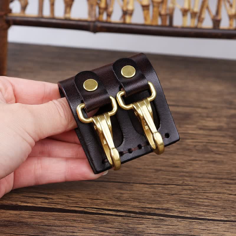 Double Metal Hooks Belt Loop Leather Key Holder - Dark Brown - image 8