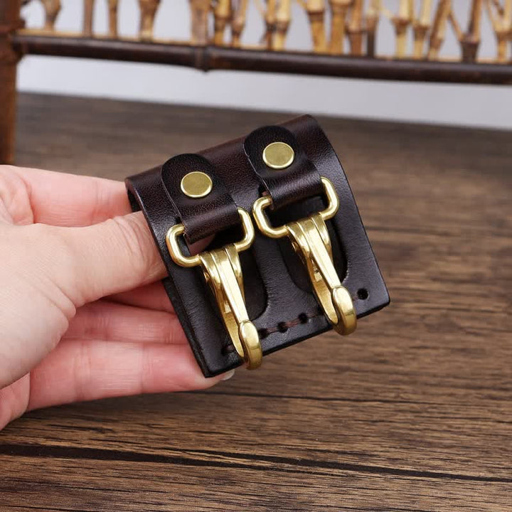 Double Metal Hooks Belt Loop Leather Key Holder - Dark Brown - image 8