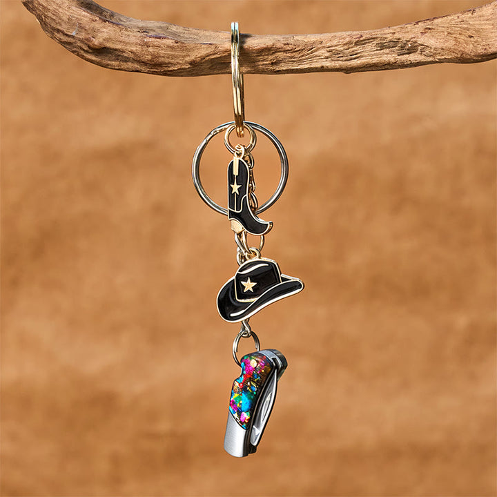 Western Style Boot & Hat Pendant Colorful Folding Knife Keychain - Black - image 0