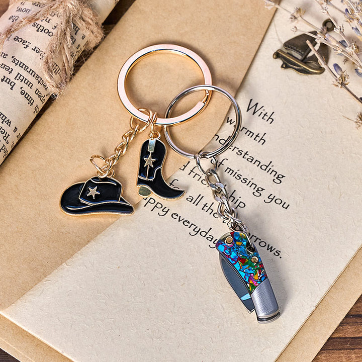Western Style Boot & Hat Pendant Colorful Folding Knife Keychain - image 1