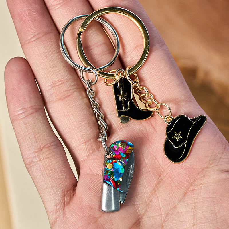 Western Style Boot & Hat Pendant Colorful Folding Knife Keychain - image 3