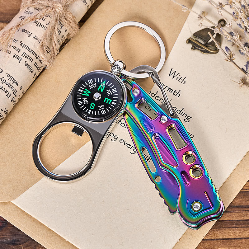 3 in 1 Multifunctional Compass Colorful Folding Knife Keychain - Colorful - image 0