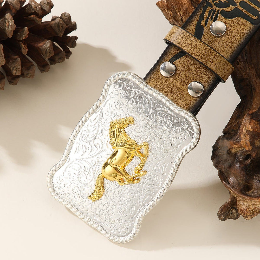 Western Golden Running Horse Silver Buckle Bullhead Embossed Belt - image 1