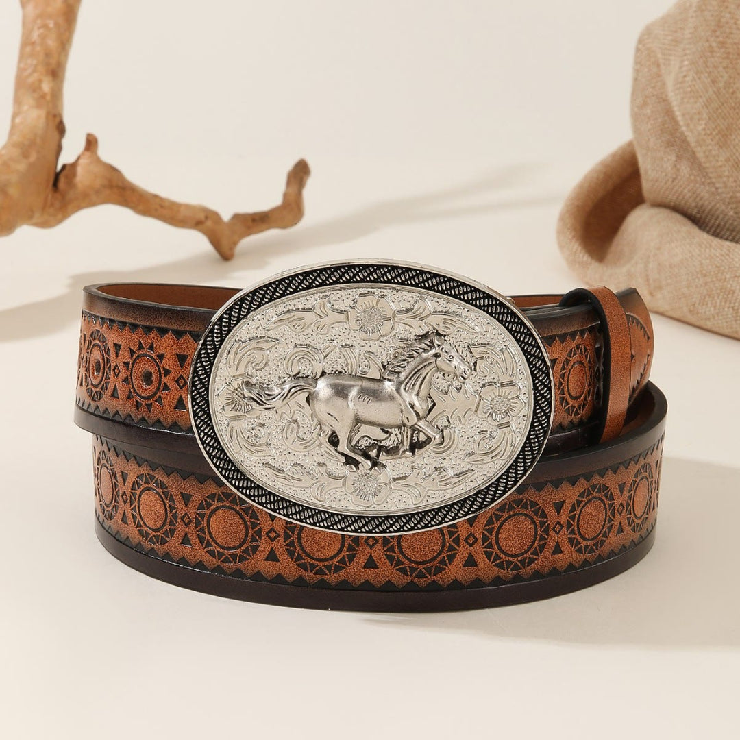 Men's Running Horse Silver Oval Buckle Embossed Leather Belt - Silver Horse - 44 - image 0