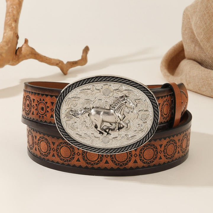 Men's Running Horse Silver Oval Buckle Embossed Leather Belt - Silver Horse - 44 - image 0