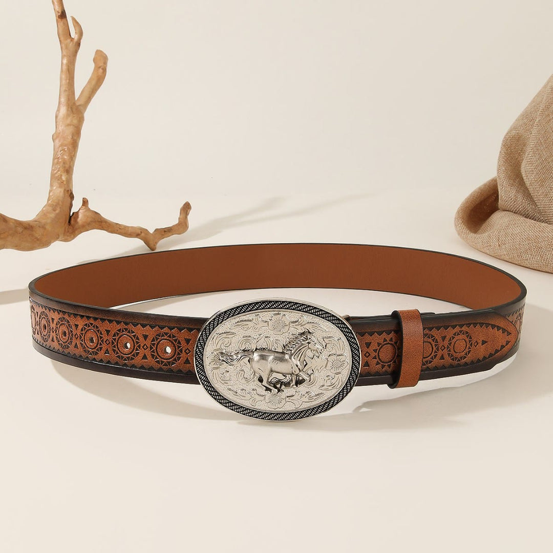 Men's Running Horse Silver Oval Buckle Embossed Leather Belt - image 2