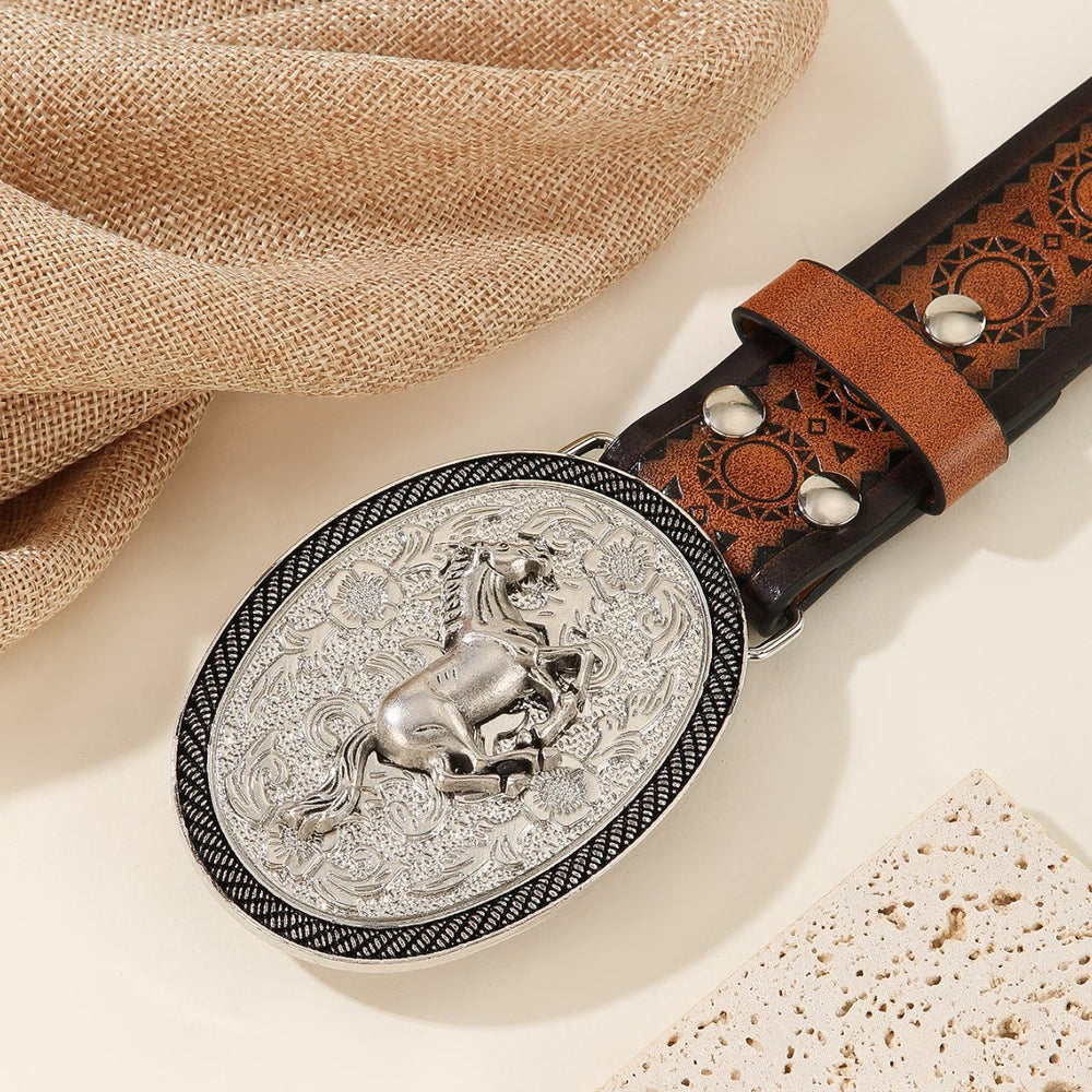 Men's Running Horse Silver Oval Buckle Embossed Leather Belt - image 1