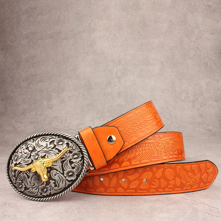 Vintage Carved Longhorned Bull Buckle Embossed Leather Belt - Style #4 - 40 - image 3