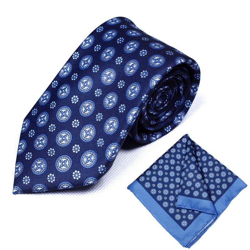 2Pcs Navy Blue Retro Round Printed Pocket Square Necktie - image 1