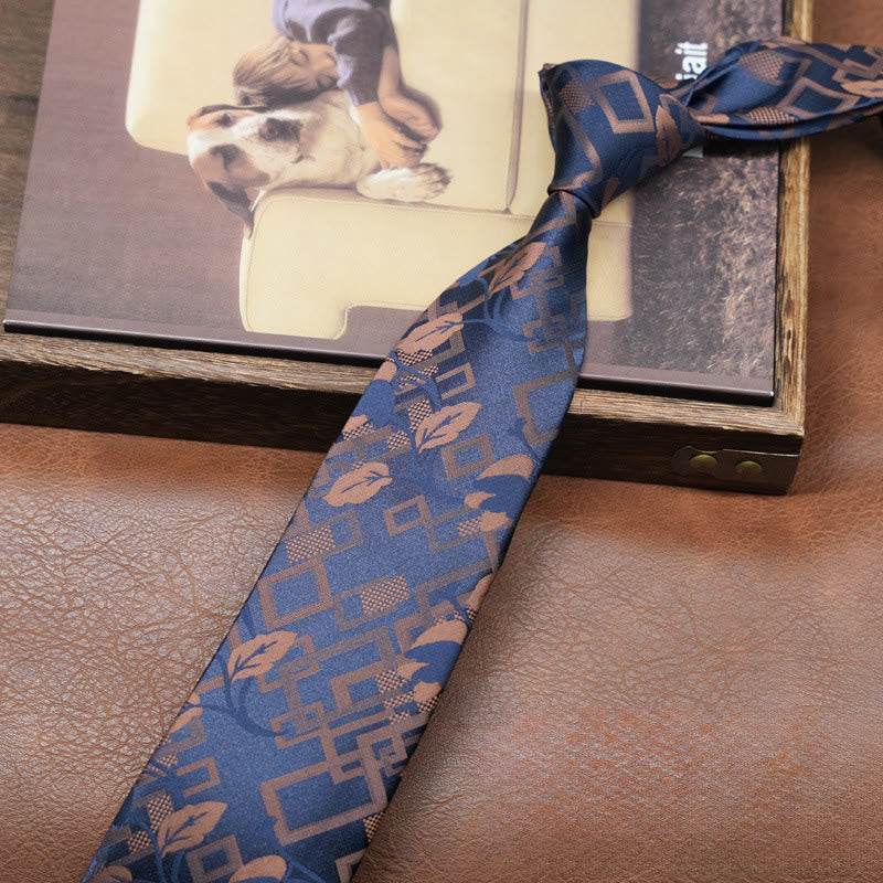 Men's Navy Blue Retro Geometric Floral Necktie - Navy Blue - image 0