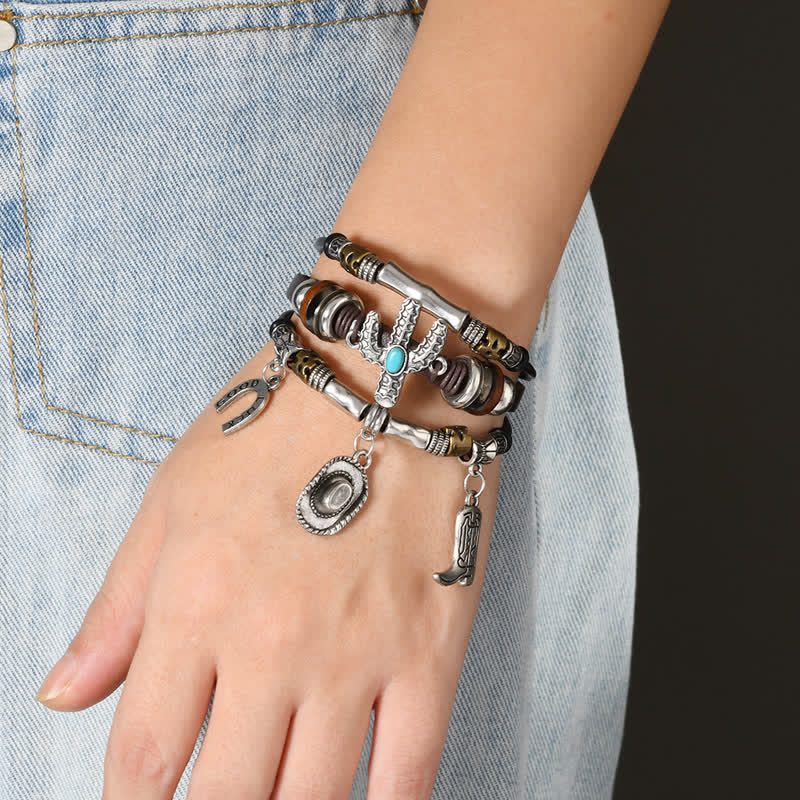 Wild West Horseshoe Hat Boot Charms Leather Bracelet - image 1