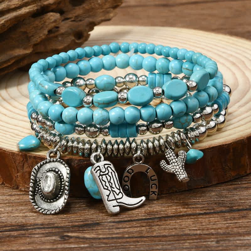 4Pcs Western Frontier Style Turquoise Leather Bracelet Set - West Charms - image 0