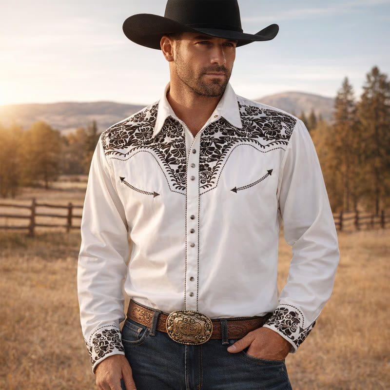 Western Retro Floral Print White Cowboy Shirt - White - 6XL - image 0