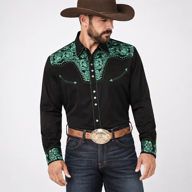 Western Style Green Floral 3D Printed Black Cowboy Shirt - image 1