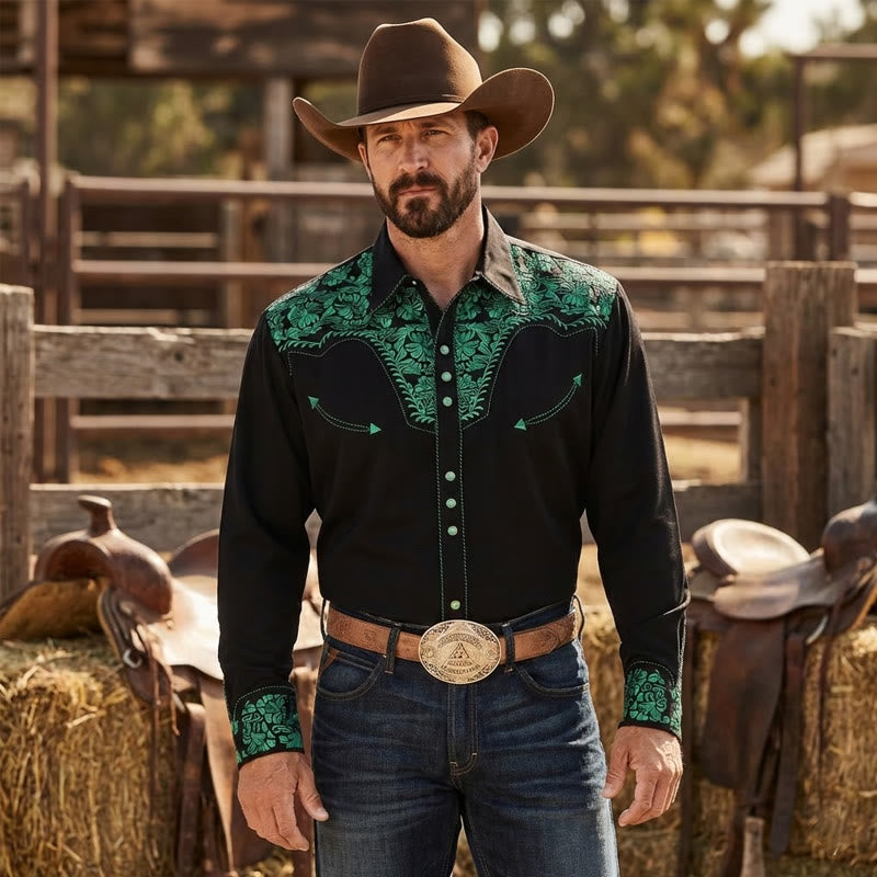 Western Style Green Floral 3D Printed Black Cowboy Shirt - Black - 6XL - image 0