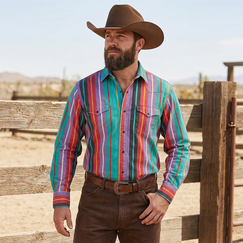Men's Retro Western 3D Printed Rainbow Stripe Shirt - image 1