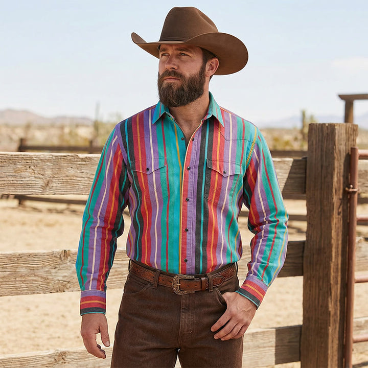 Men's Retro Western 3D Printed Rainbow Stripe Shirt - image 1