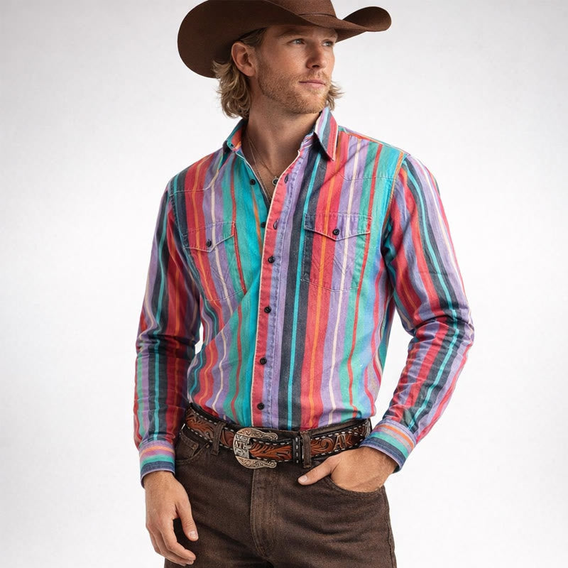 Men's Retro Western 3D Printed Rainbow Stripe Shirt - Colorful - 5XL - image 0