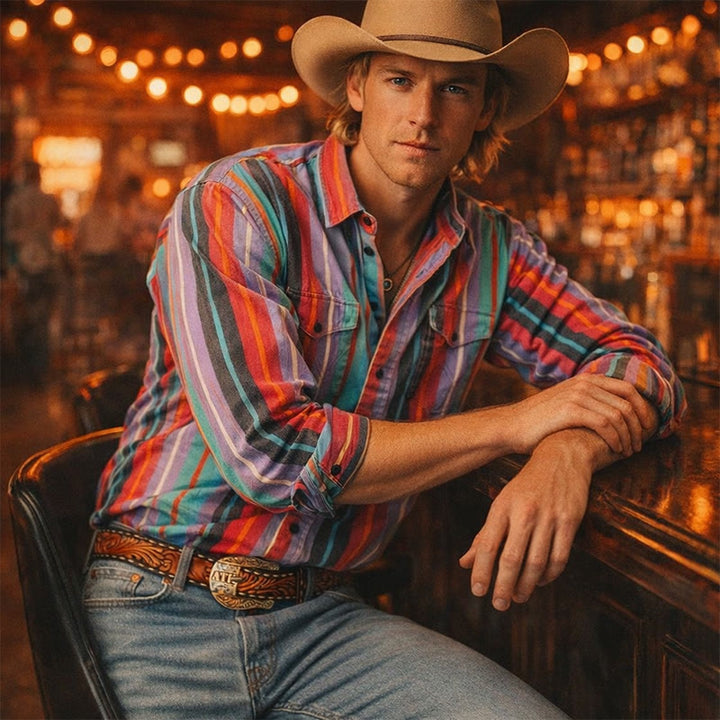 Men's Retro Western 3D Printed Rainbow Stripe Shirt - image 2
