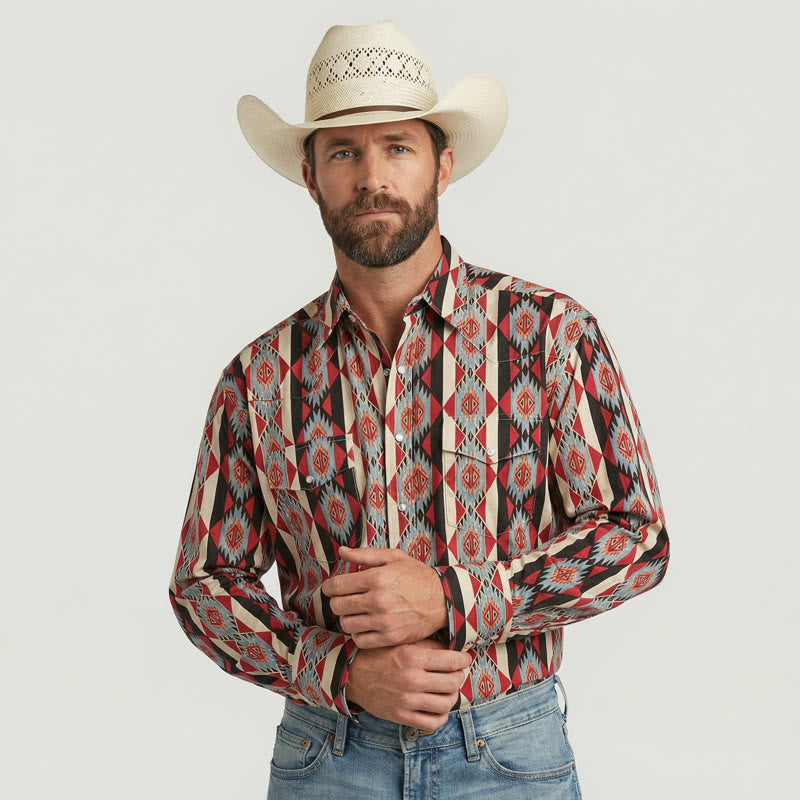 Men's Navajo Geometric Printed Western Cowboy Shirt - image 1