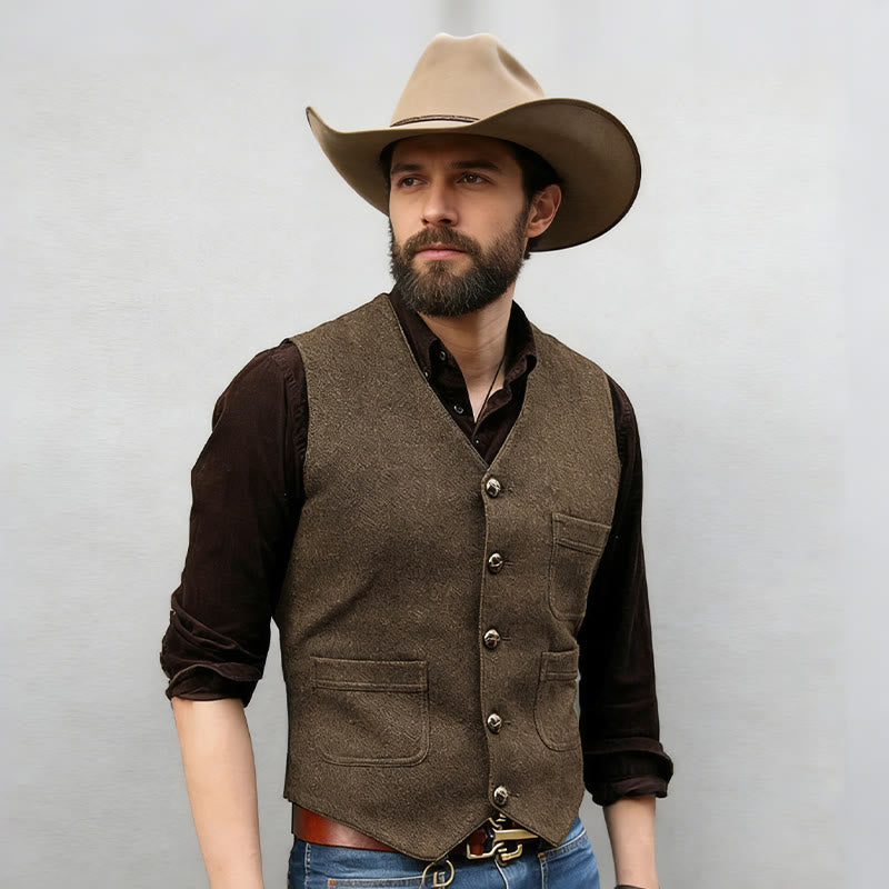 Men's Western Style Retro V-neck Multi Pocket Vest - image 2