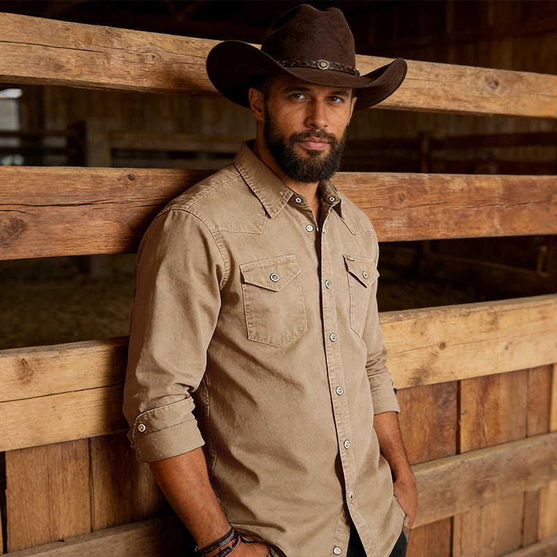 Men's Classic Washed Double Pocket Denim Workwear Shirt - Khaki - 3XL - image 3