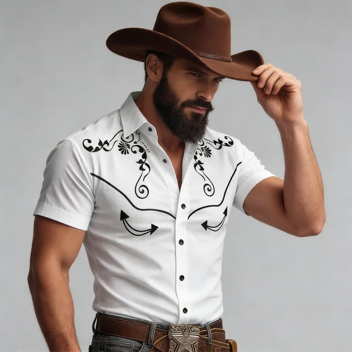 Men's Western Cowboy Scrollwork 3D Printed Contrast Yoke Shirt - White - 5XL - image 6