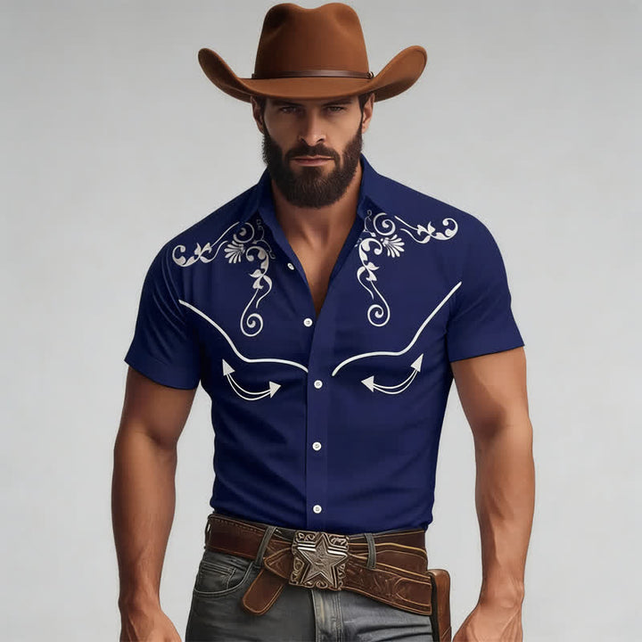 Men's Western Cowboy Scrollwork 3D Printed Contrast Yoke Shirt - Navy - 5XL - image 7