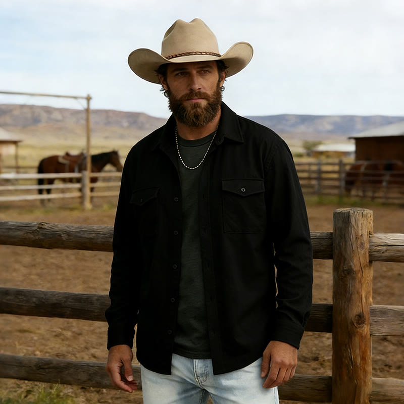 Men's Retro Jacquard Cowboy Workwear Long Sleeved Shirt - Black - 2XL - image 7