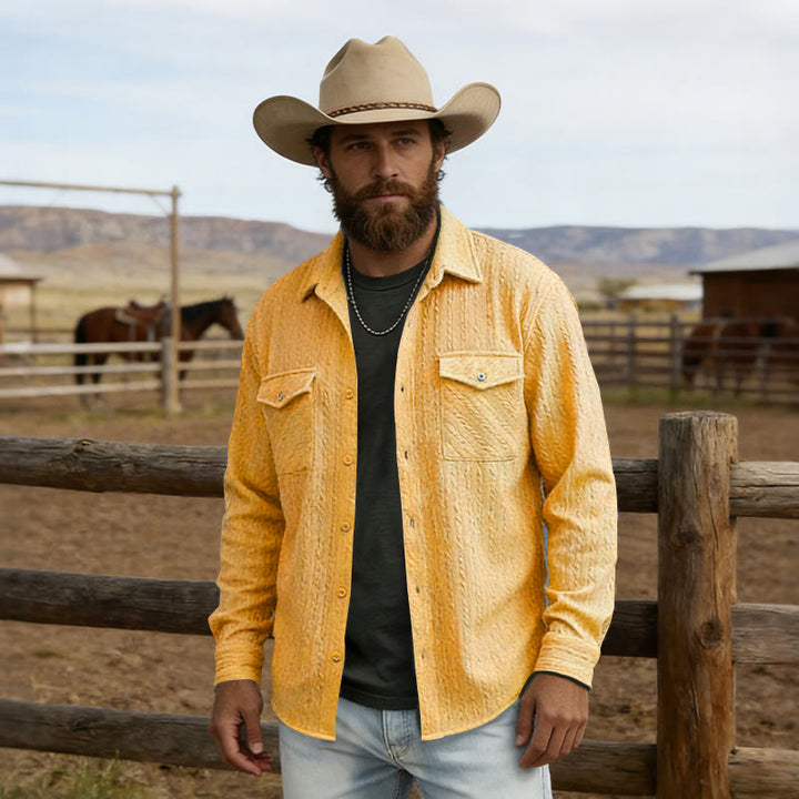Men's Retro Jacquard Cowboy Workwear Long Sleeved Shirt - Yellow - 2XL - image 6