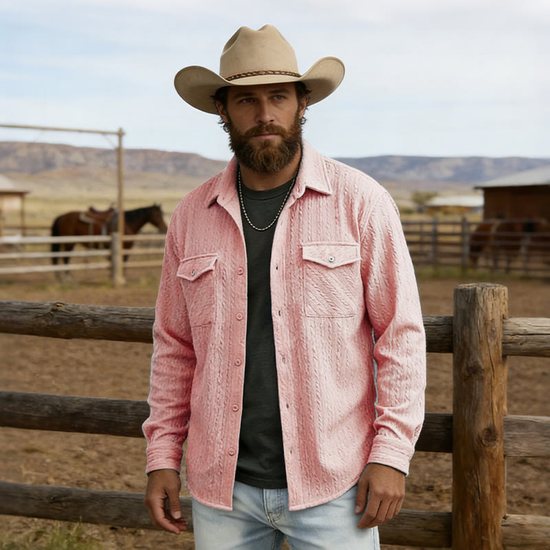 Men's Retro Jacquard Cowboy Workwear Long Sleeved Shirt - Pink - 2XL - image 5