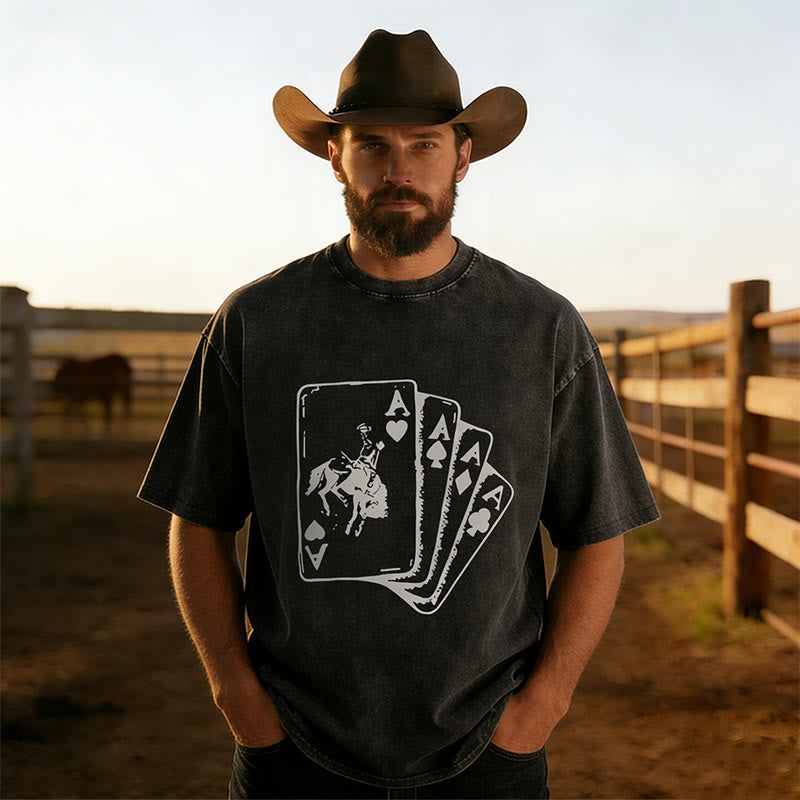 Western Style Cowboy Poker Printed Washed Short Sleeved T-shirt - Black - 5XL - image 0