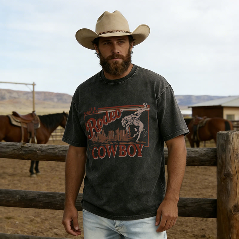 Werstern Cowboy Sports Rodeo Printed Washed T-shirt - image 1