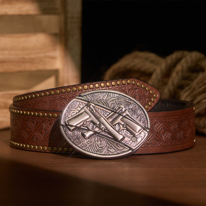 Men's DIY Dual Gun Hidden Folding Knife Leather Belt - Dual Gun - Brown Rivet Belt - 42 - image 7