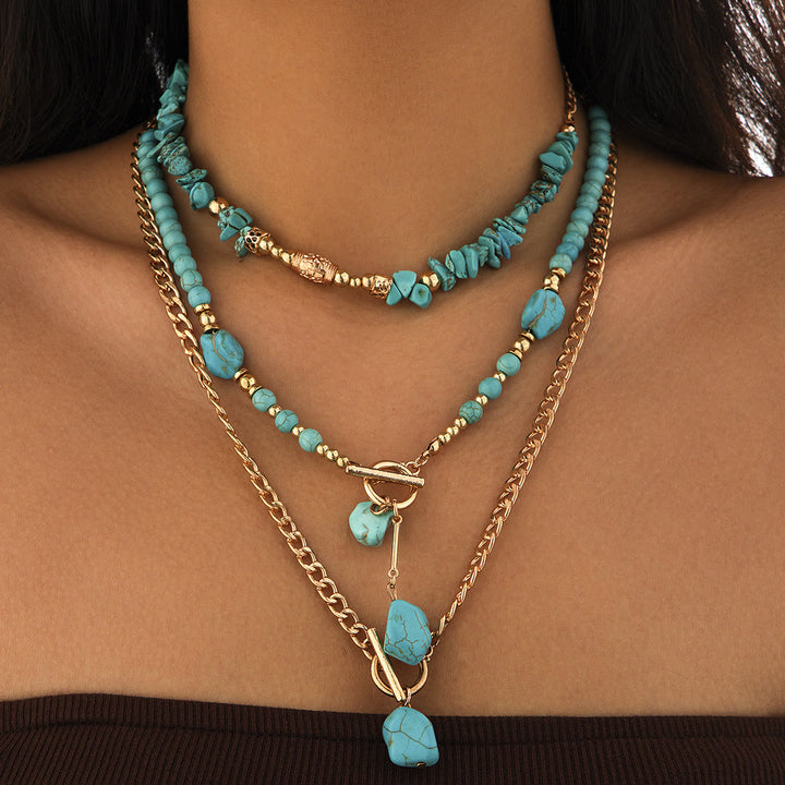 Turquoise Chip Gold Chain Multi Layer Y Drop Necklace - Gold - image 0