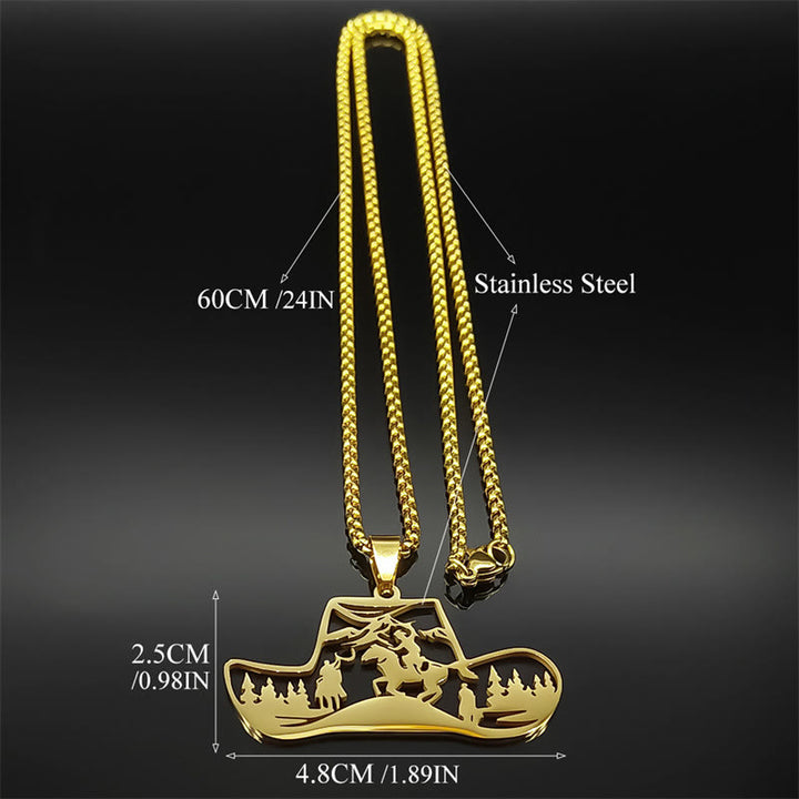 Metal Chain Western Cowboy Hat Scene Pendant Necklace - image 3