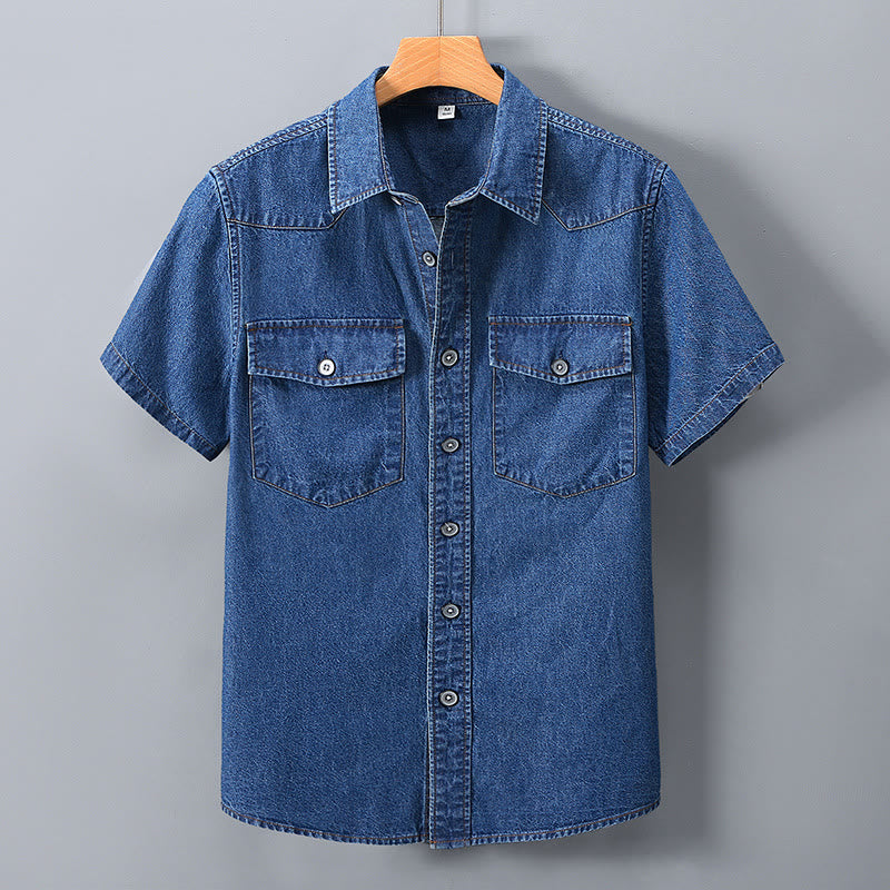 Men's Classic Retro Double Pockets Denim Shirt - Dark Blue - 3XL - image 1