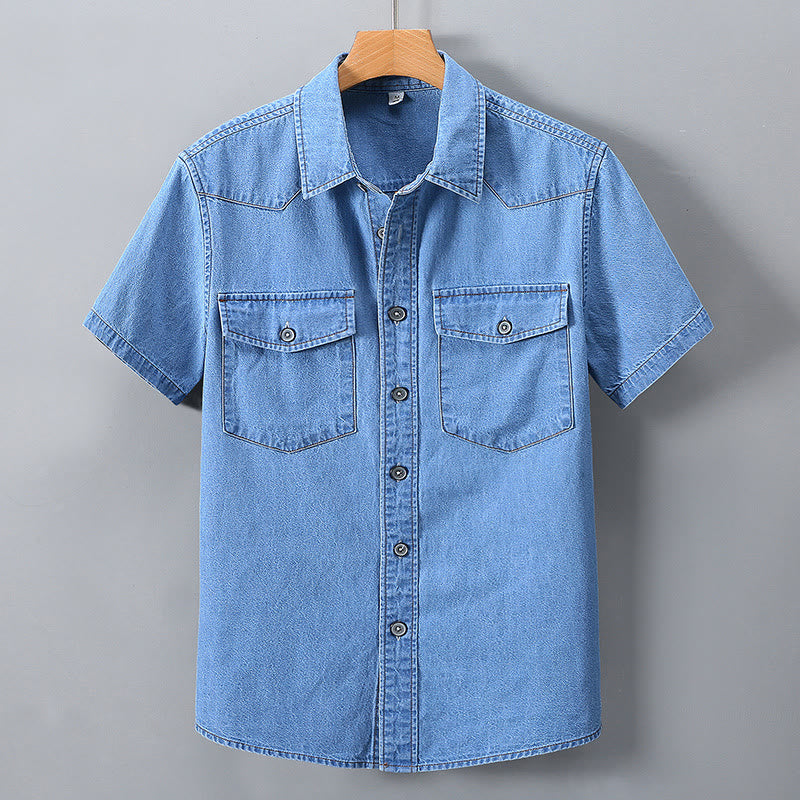 Men's Classic Retro Double Pockets Denim Shirt - Light Blue - 3XL - image 7