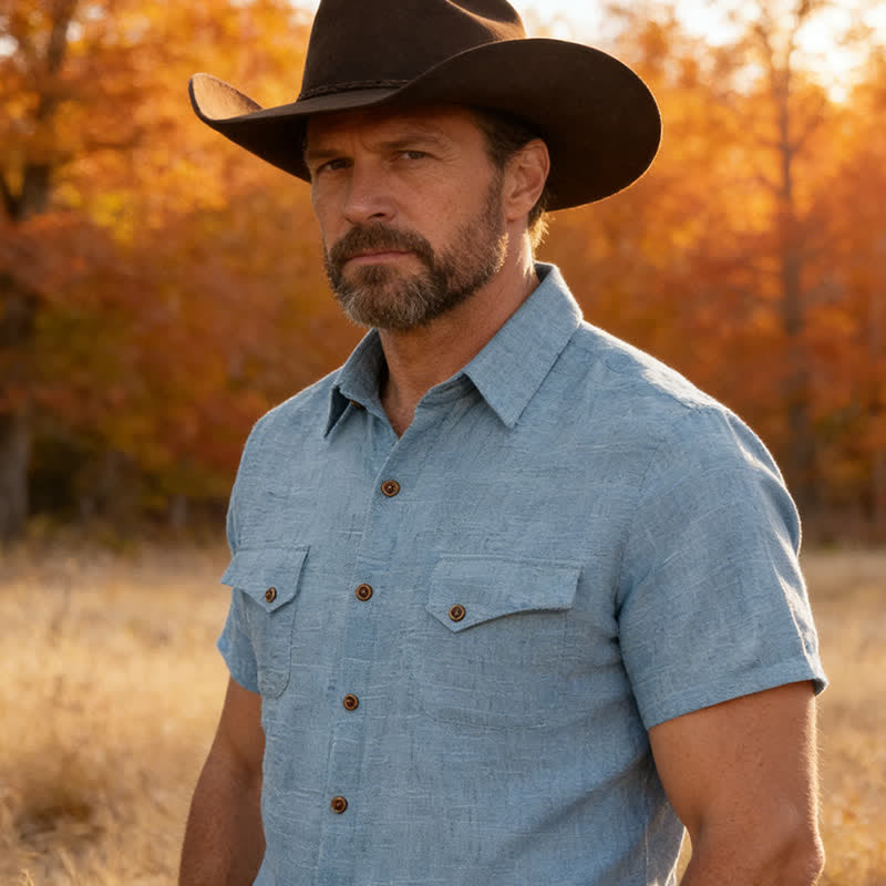 Men's Western Style Casual Shirt With Chest Pockets - Light Blue - 2XL - image 7