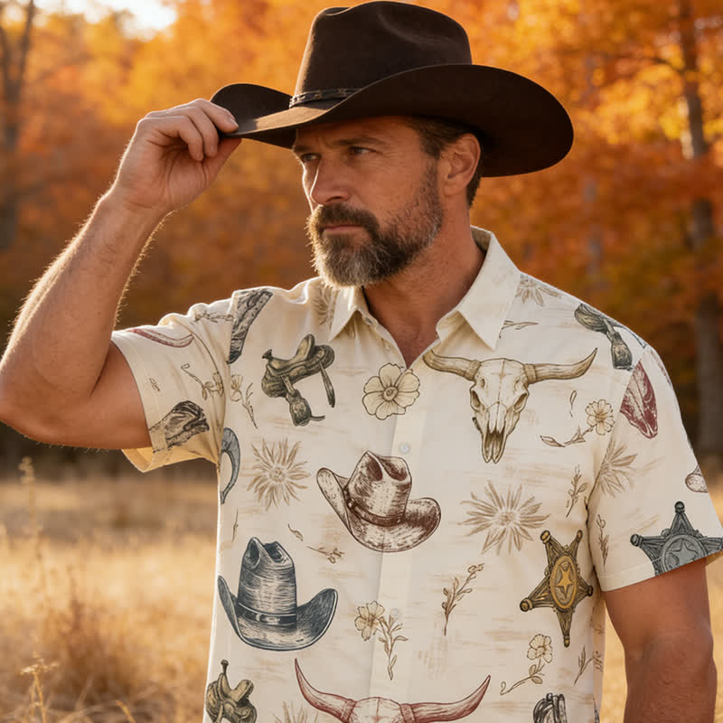 Men's Western Spirit Ranch & Wild West Sketch Print Shirt - White - 6XL - image 0