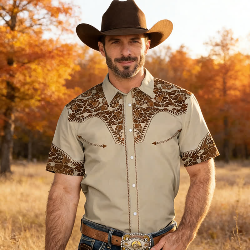 Men's Versatile Western Style Floral 3D Print Western Shirt - Khaki - 5XL - image 0