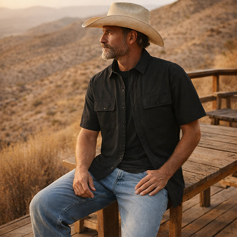 Men's Summer Workwear Cowboy Shirt With Chest Pockets - Black - 5XL - image 4