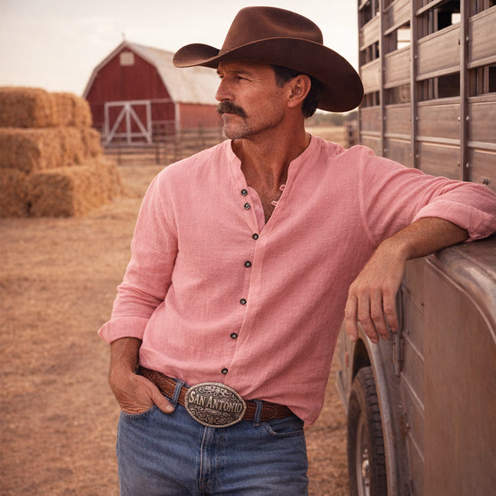 Men's Retro Henry Collar Breathable Solid Color Shirt - Pink - 3XL - image 4