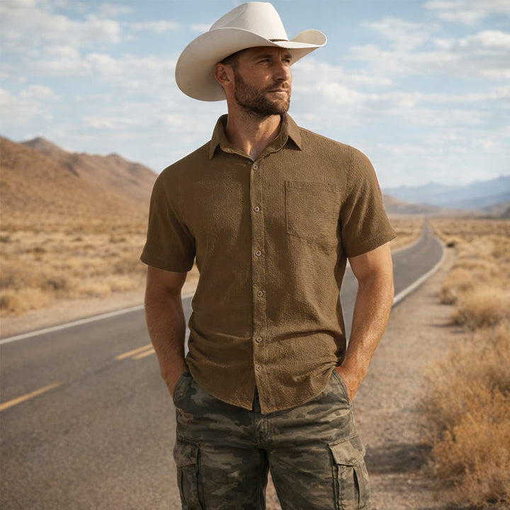 Men's Summer Solid Color Lapel Pocket Shirt - Brown - 3XL - image 6