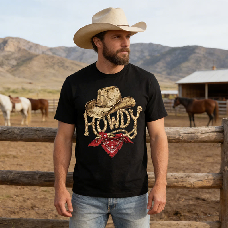 Men's Vintage Western Style Howdy cowboy Printed T-Shirt - Black - 3XL - image 0