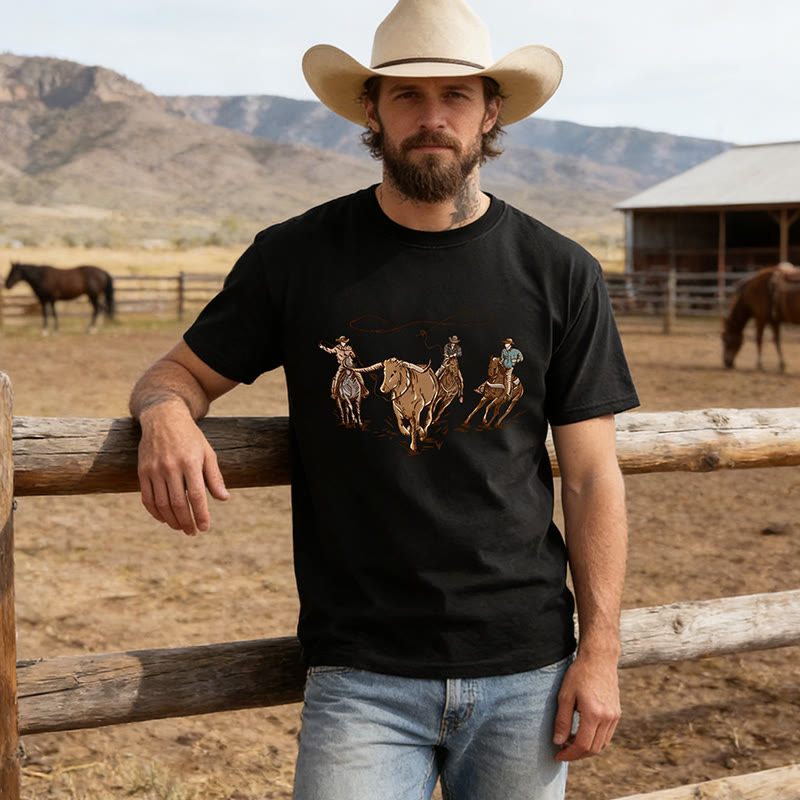 Men's Western Style Rodeo Set Cow Scene Printed T-Shirt - Black - 4XL - image 0