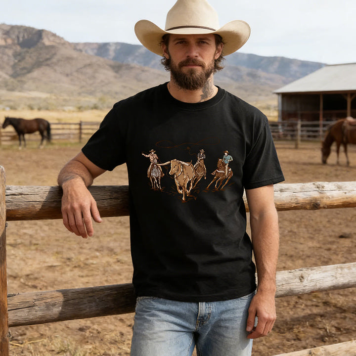 Men's Western Style Rodeo Set Cow Scene Printed T-Shirt - Black - 4XL - image 0