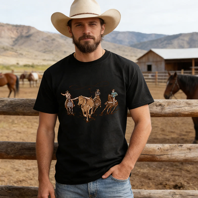 Men's Western Style Rodeo Set Cow Scene Printed T-Shirt - image 1