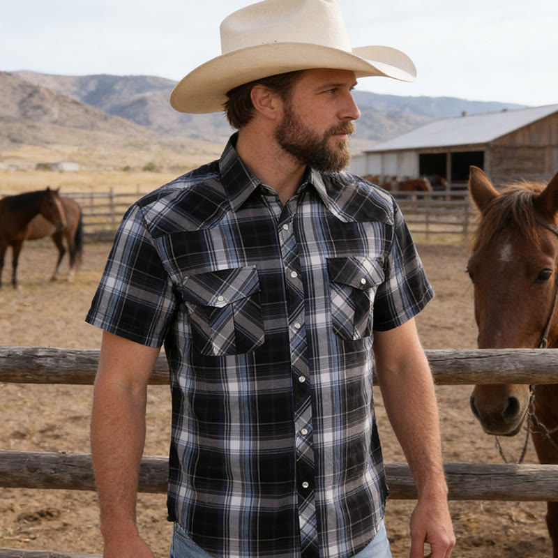 Men's Western Style Black And White Checkered Cowboy Shirt - image 2